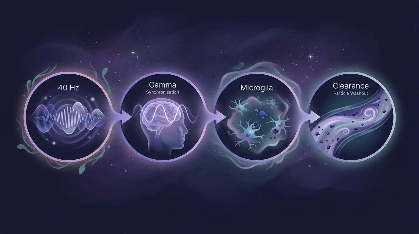 Diagram of the proposed 40 Hz chain: sound pulses at 40 Hz, brain waves synchronise to gamma, microglia activate, waste proteins are cleared