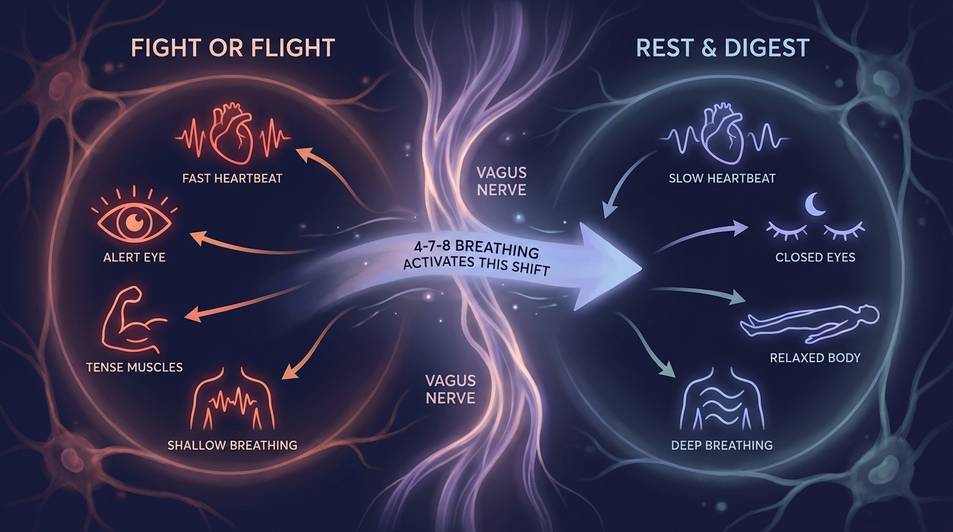 Diagram showing how 4-7-8 breathing shifts the nervous system from fight-or-flight to rest-and-digest mode via the vagus nerve