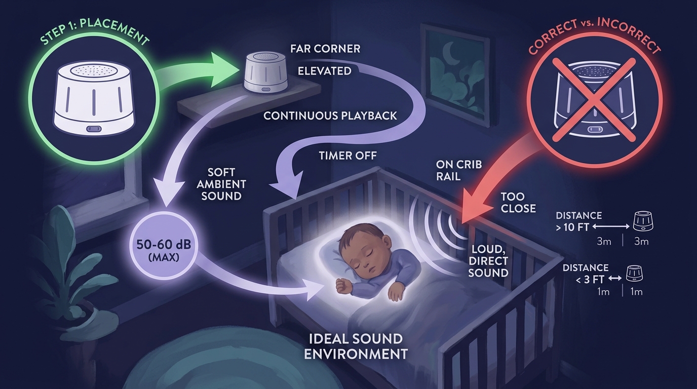 Diagram showing proper placement of a sound machine in a baby's nursery