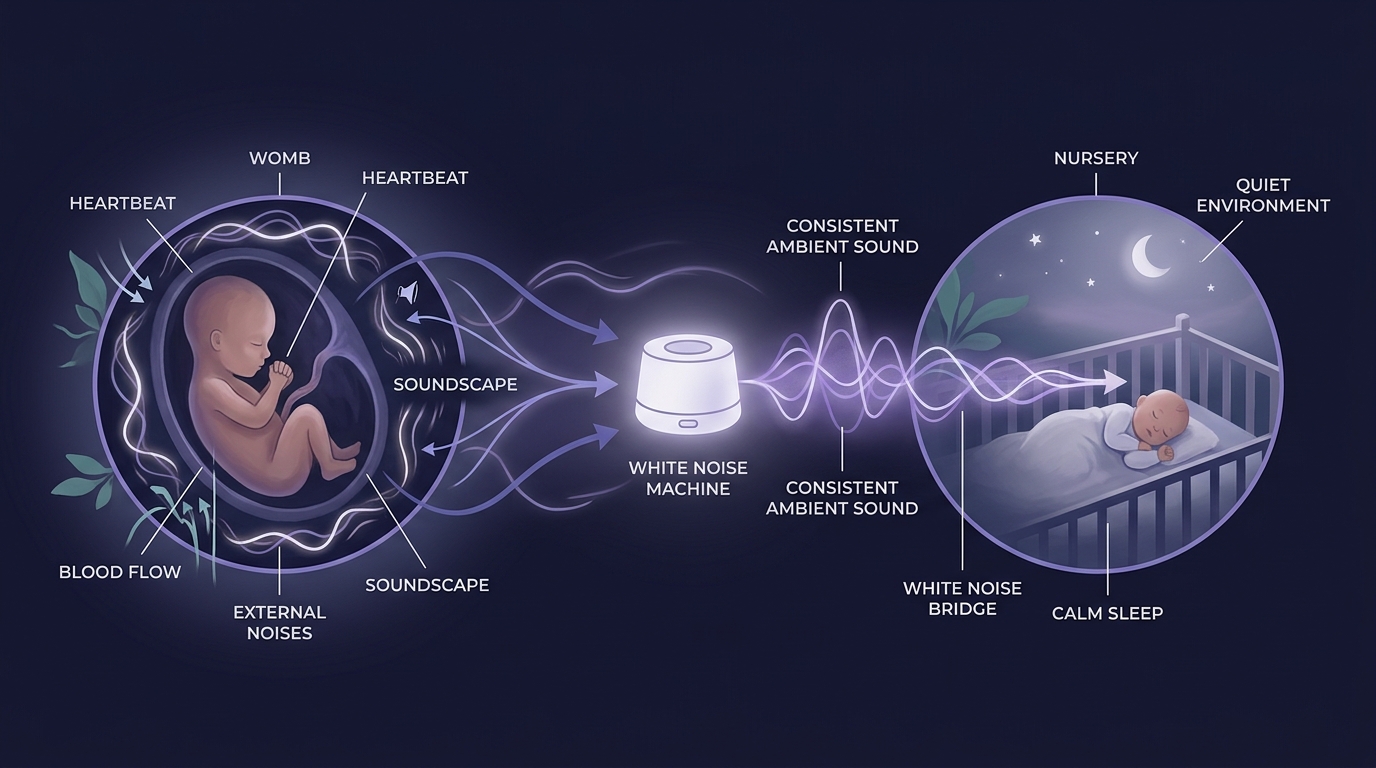 Diagram showing the transition from a noisy womb environment to a quiet nursery, and how white noise bridges the gap