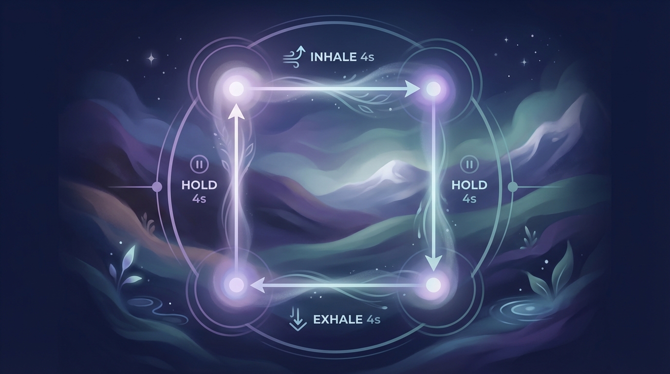 Box breathing cycle diagram showing four equal phases: inhale, hold, exhale, hold — each 4 seconds