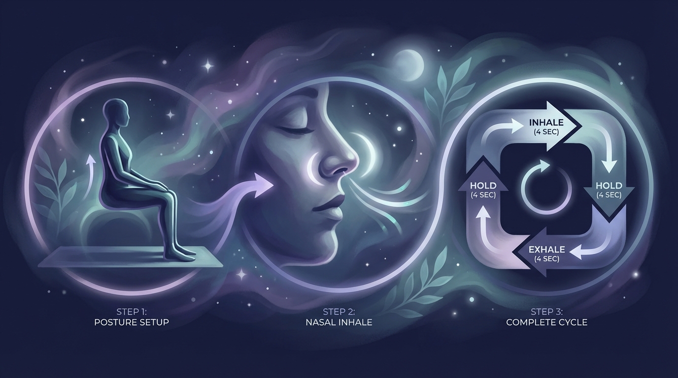 Step-by-step visual guide to box breathing showing posture and breathing phases
