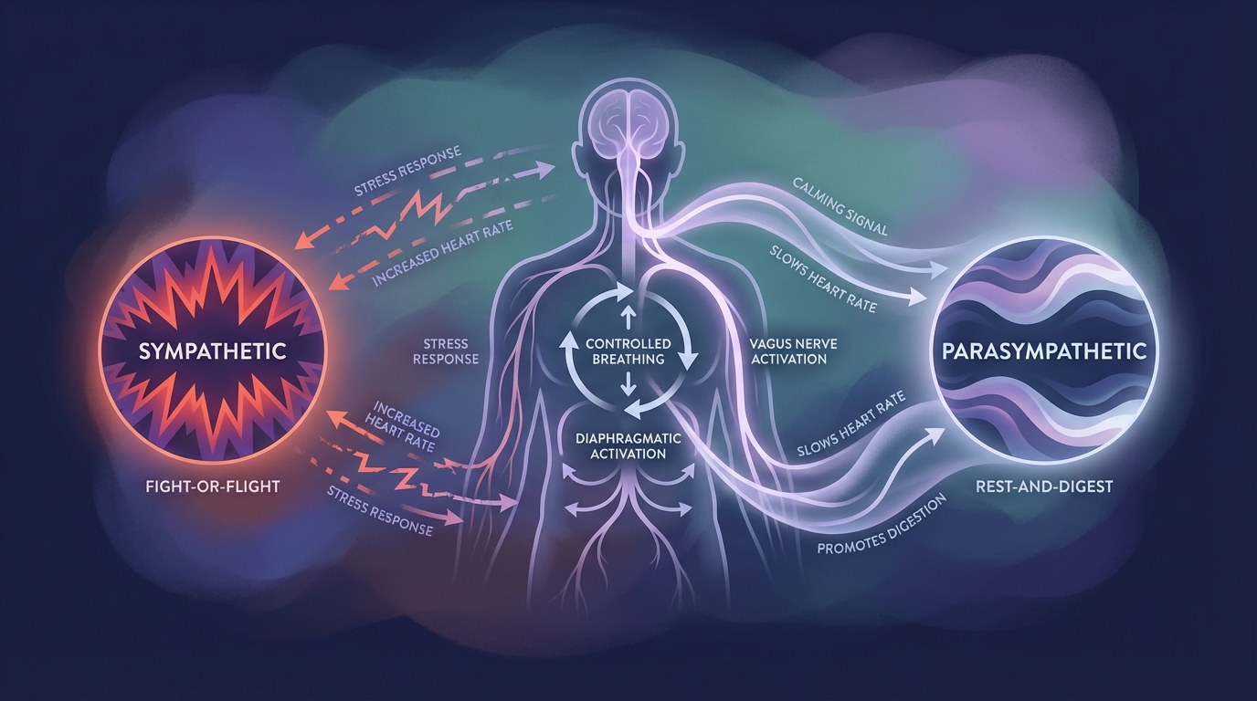 Diagram showing how slow breathing activates the vagus nerve and shifts from sympathetic to parasympathetic nervous system