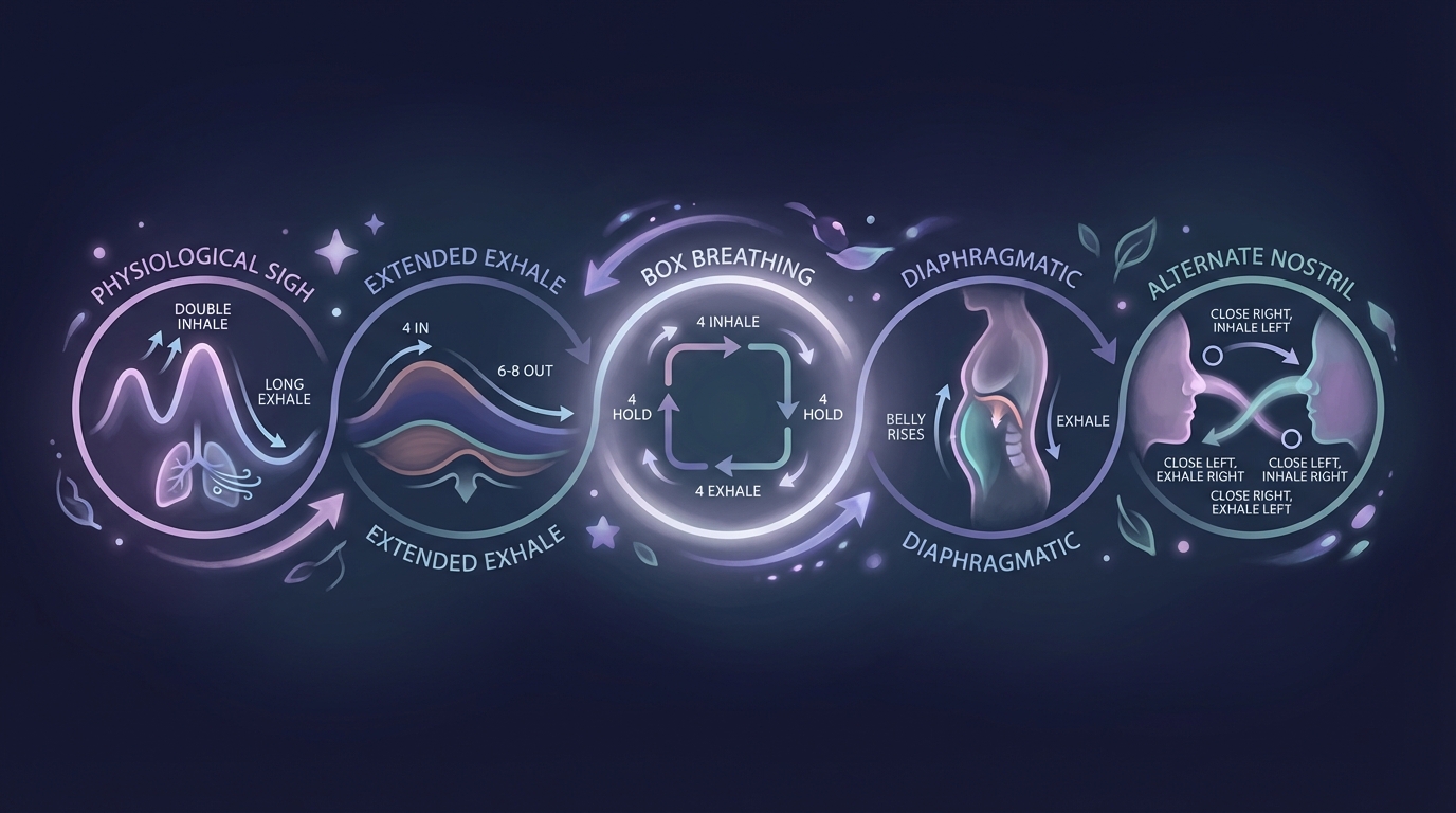 Visual comparison of five breathing techniques showing inhale and exhale patterns