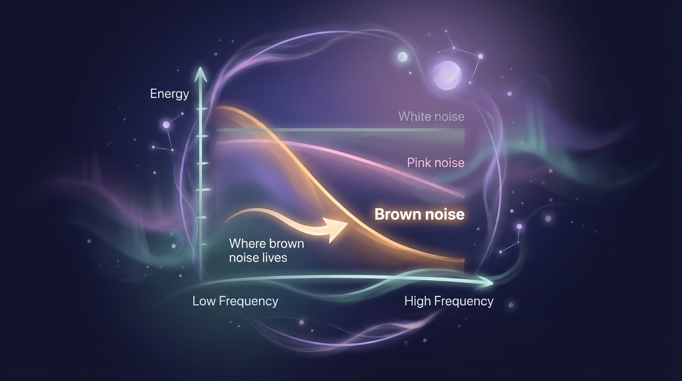 Frequency spectrum showing brown noise concentrated in low frequencies compared to white and pink noise