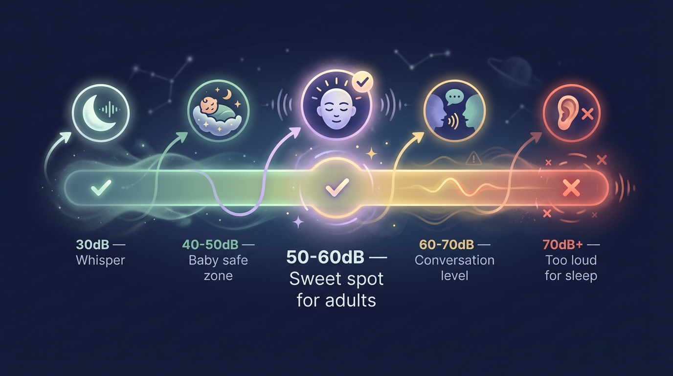 Safe volume guide for sleep sounds showing the sweet spot at 50-60 decibels
