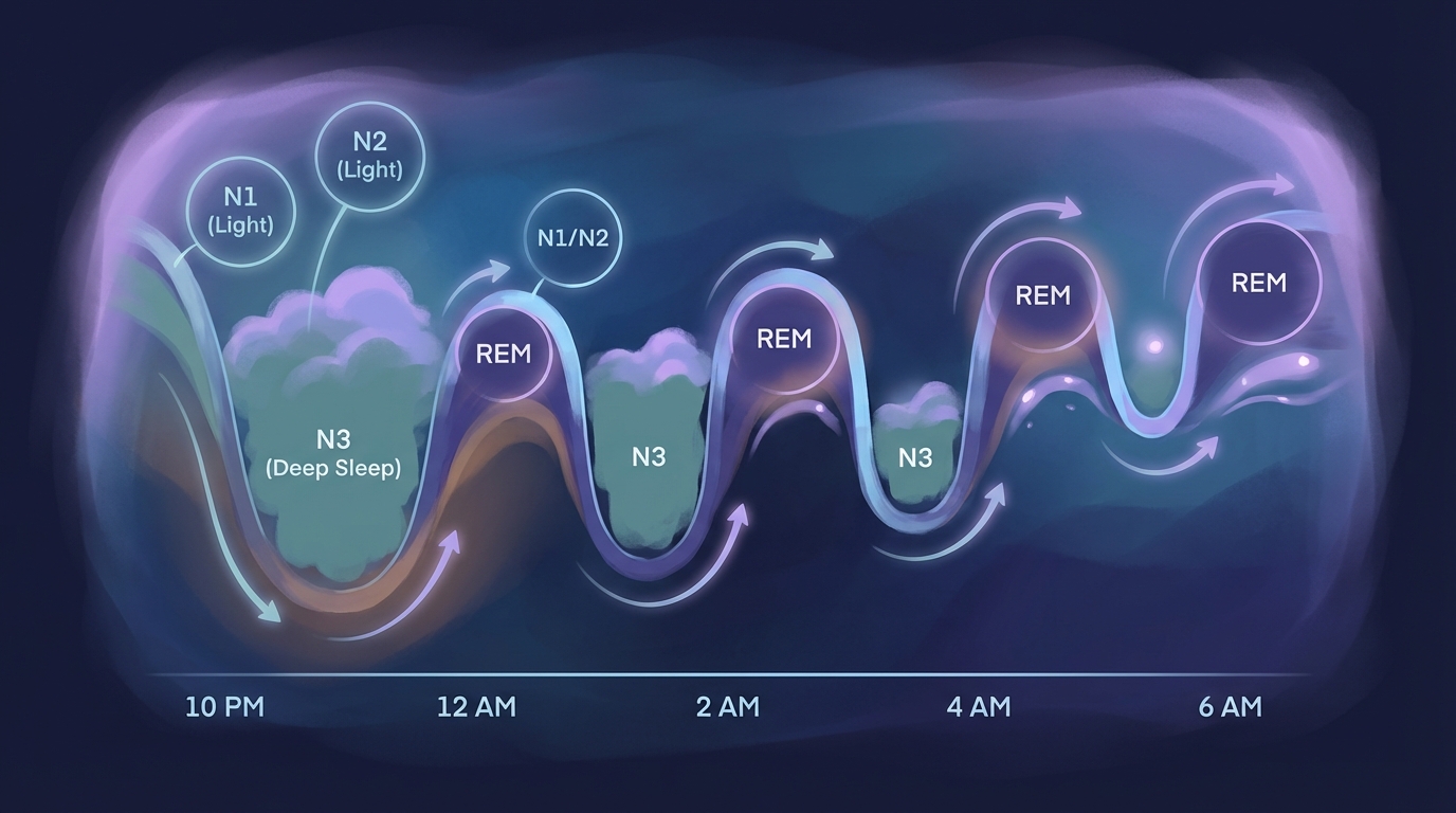 Sleep cycle diagram showing how deep sleep concentrates in early night cycles