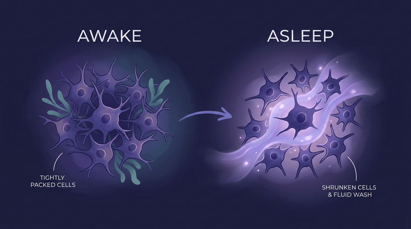 Illustration comparing awake brain cells (tightly packed) to sleeping brain cells (shrunken with fluid washing between them)