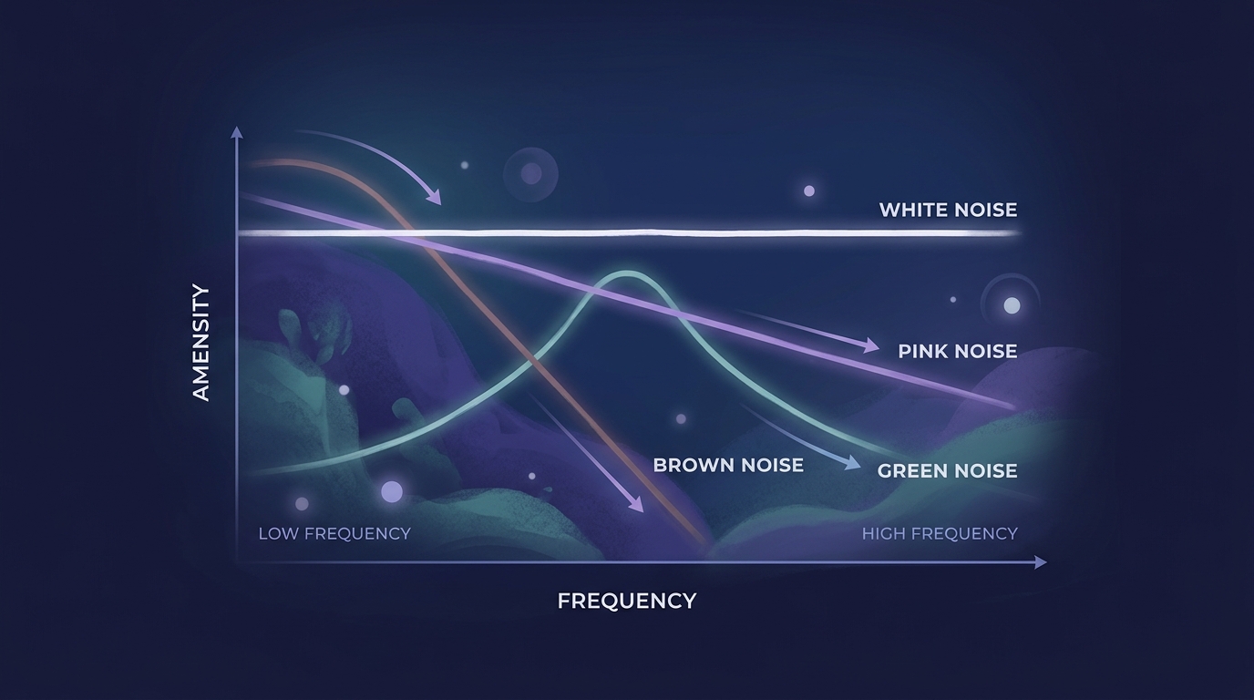 Graph comparing the frequency spectrums of white, pink, brown, and green noise