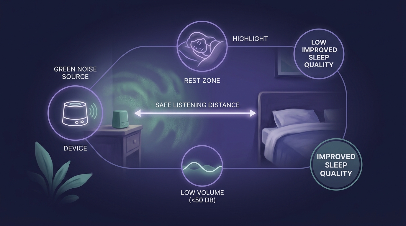 Diagram showing safe usage of green noise at low volumes across the room