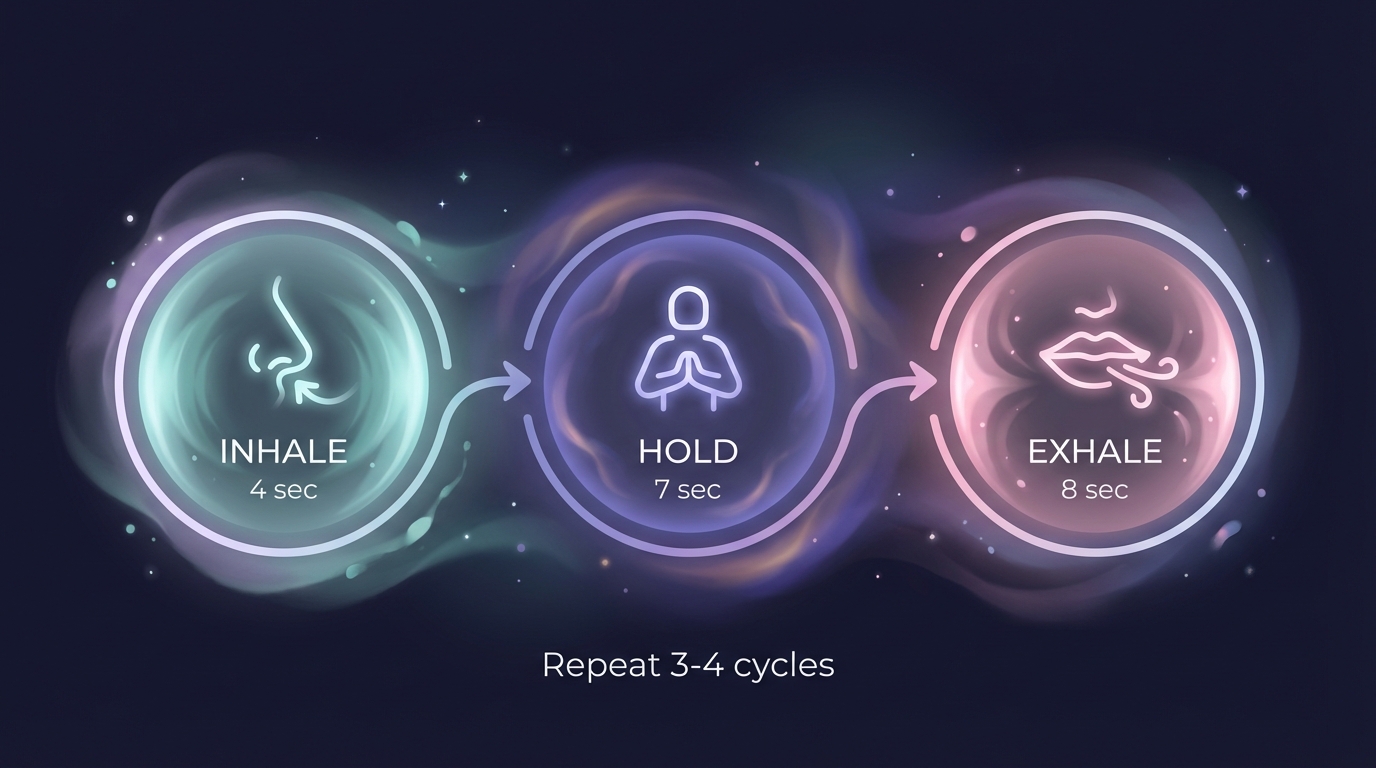 4-7-8 breathing technique: inhale 4 seconds, hold 7 seconds, exhale 8 seconds, repeat 3-4 cycles