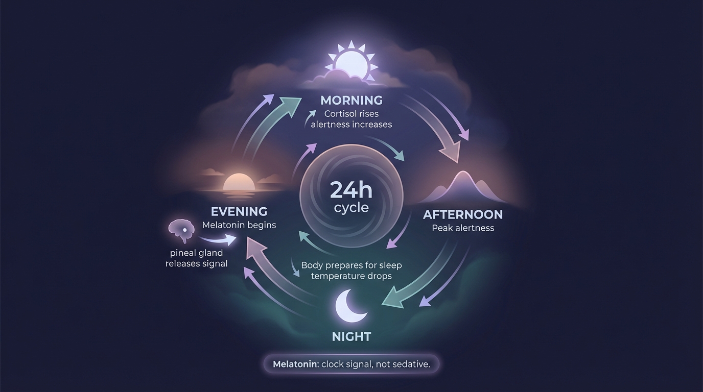 24-hour circadian rhythm cycle showing melatonin release in the evening and cortisol rise in the morning