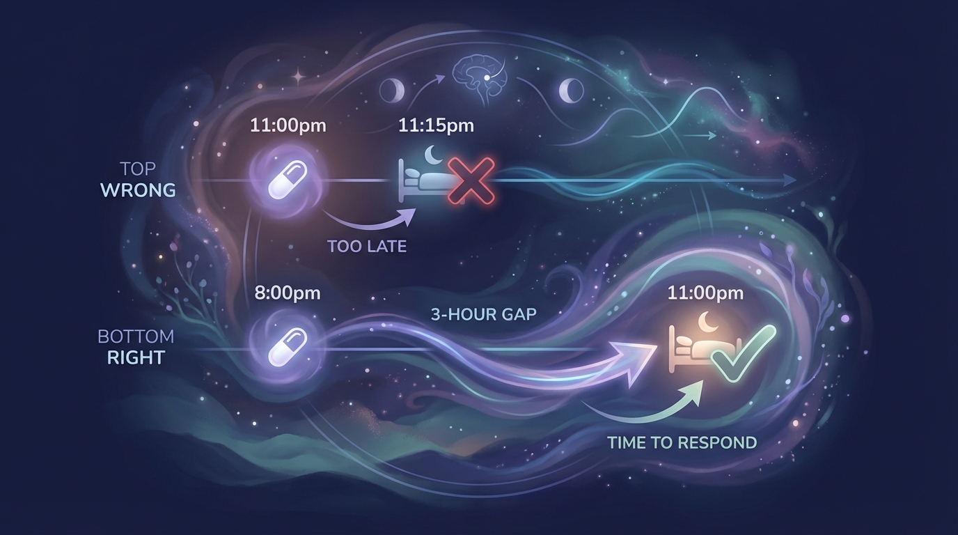 Comparison showing wrong melatonin timing at 11pm vs correct timing 3 hours before bed at 8pm