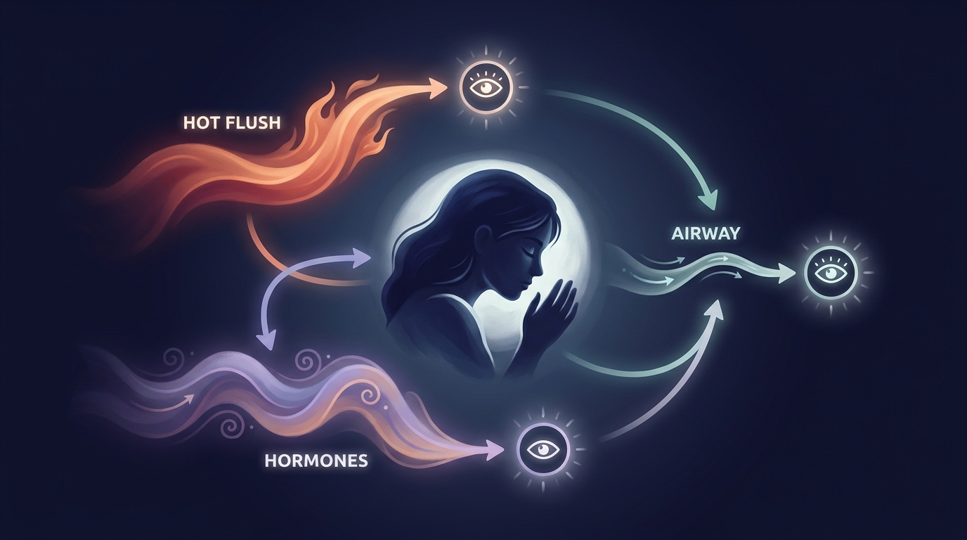 Diagram showing three pathways that disrupt sleep during menopause: hot flushes, hormonal changes and airway changes