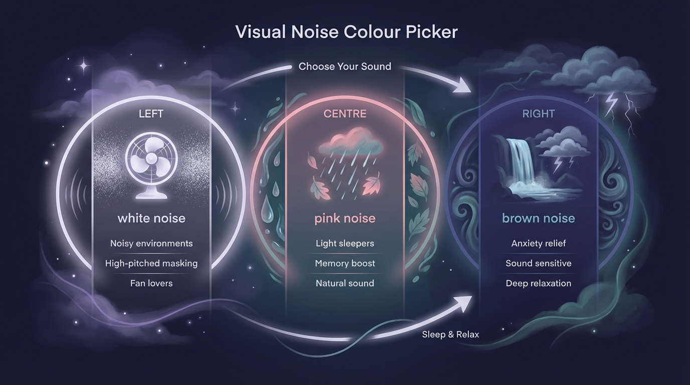 Visual picker showing which noise colour suits different needs: white for noisy environments, pink for light sleepers, brown for anxiety relief