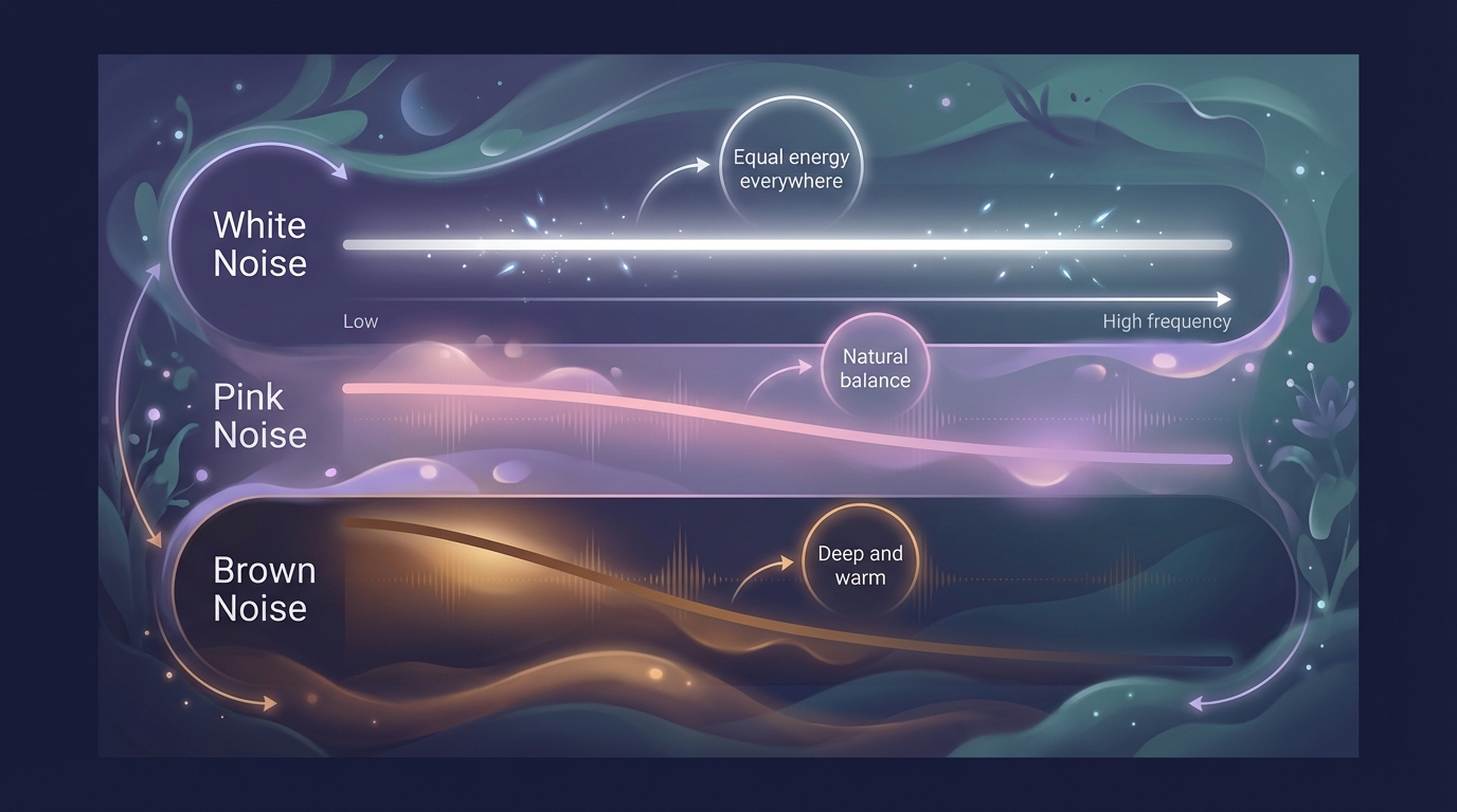 Frequency spectrum comparison showing white noise (flat), pink noise (gentle slope), and brown noise (steep slope)