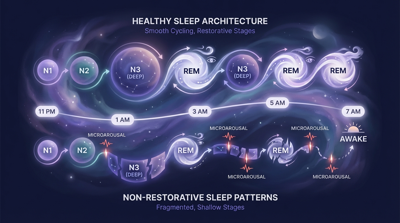 Diagram comparing healthy sleep architecture with non-restorative sleep patterns — showing reduced deep sleep and fragmented REM cycles