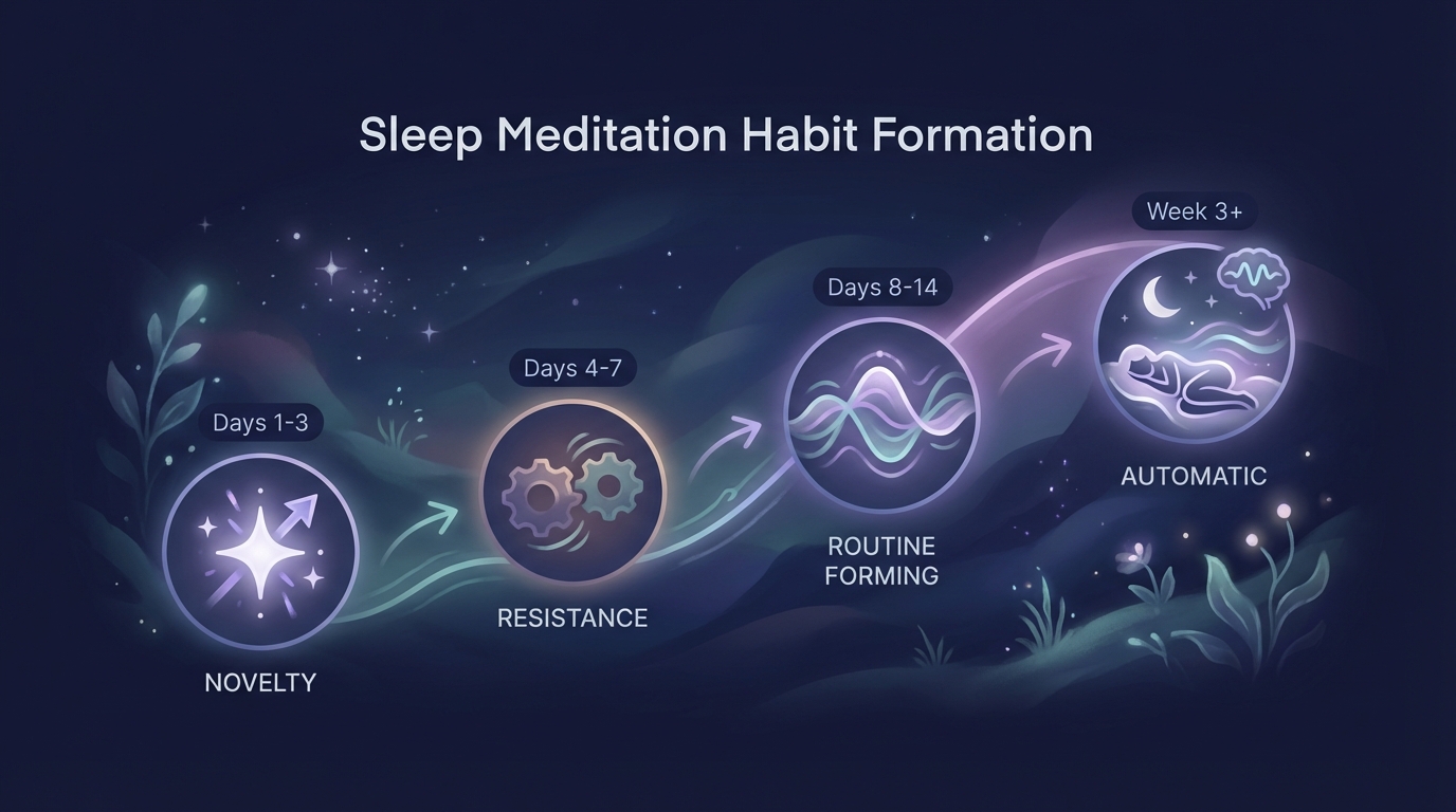 Timeline showing sleep meditation habit formation: days 1-3 novelty, days 4-7 resistance, days 8-14 routine forming, week 3+ automatic