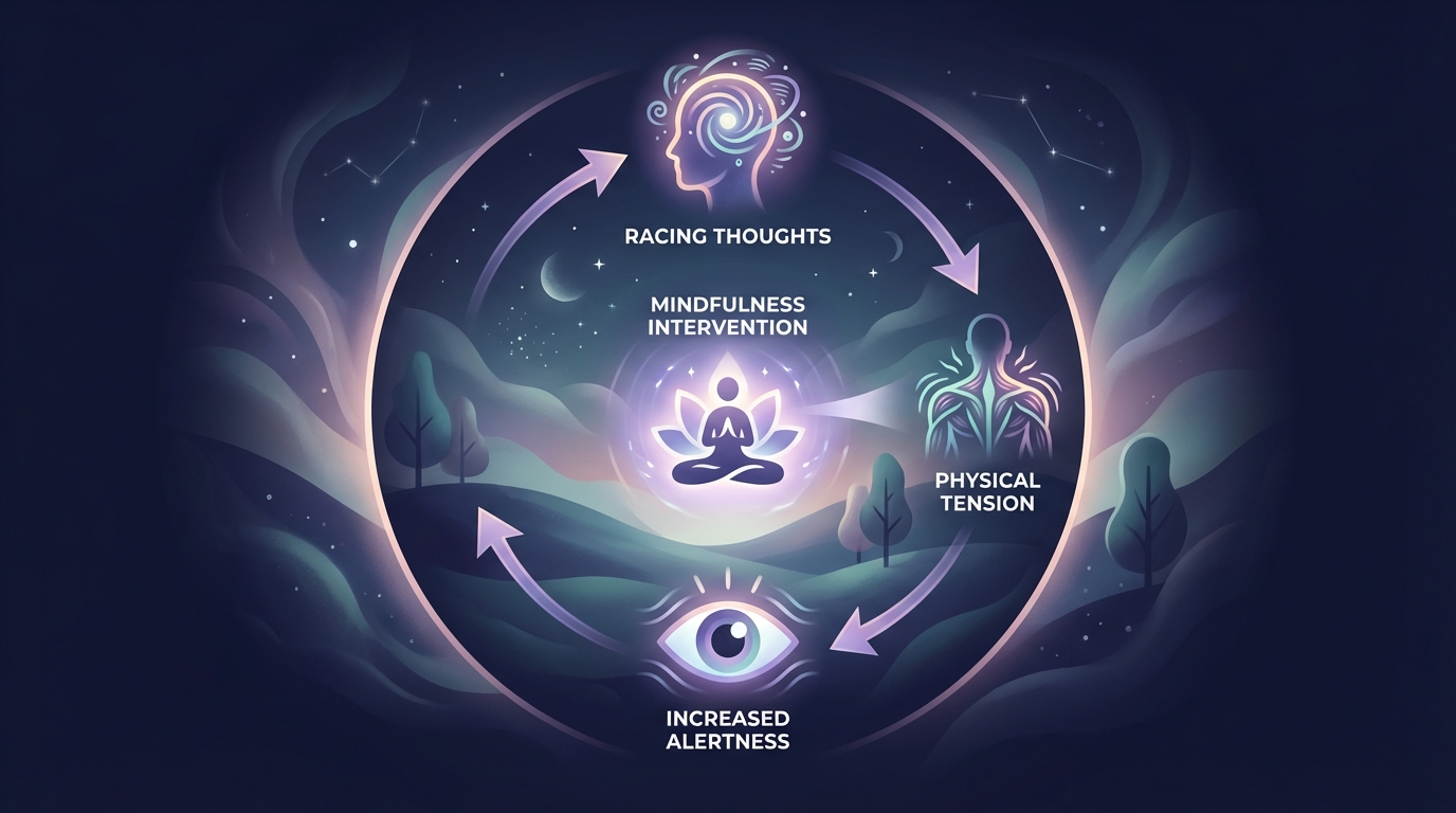 Diagram showing the hyperarousal cycle: racing thoughts lead to physical tension, which increases alertness, which feeds more racing thoughts