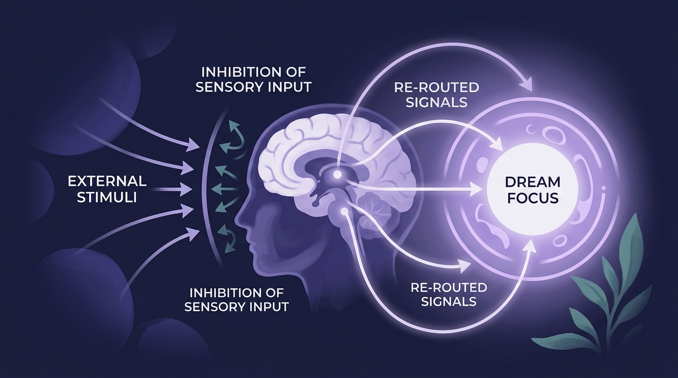 Diagram illustrating how the brain blocks external stimuli while focusing on the internal dream world