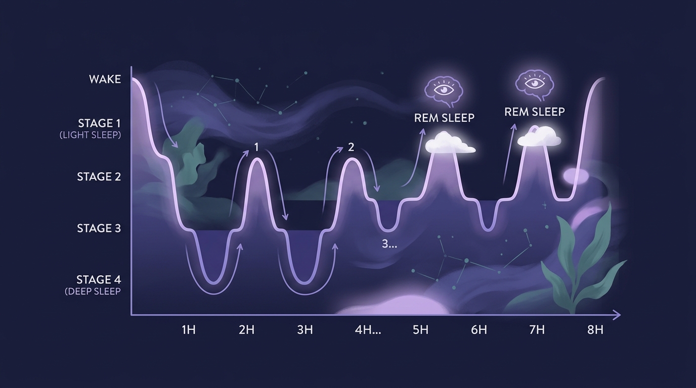 Graph showing the traditional sleep cycles from light sleep to deep sleep and REM